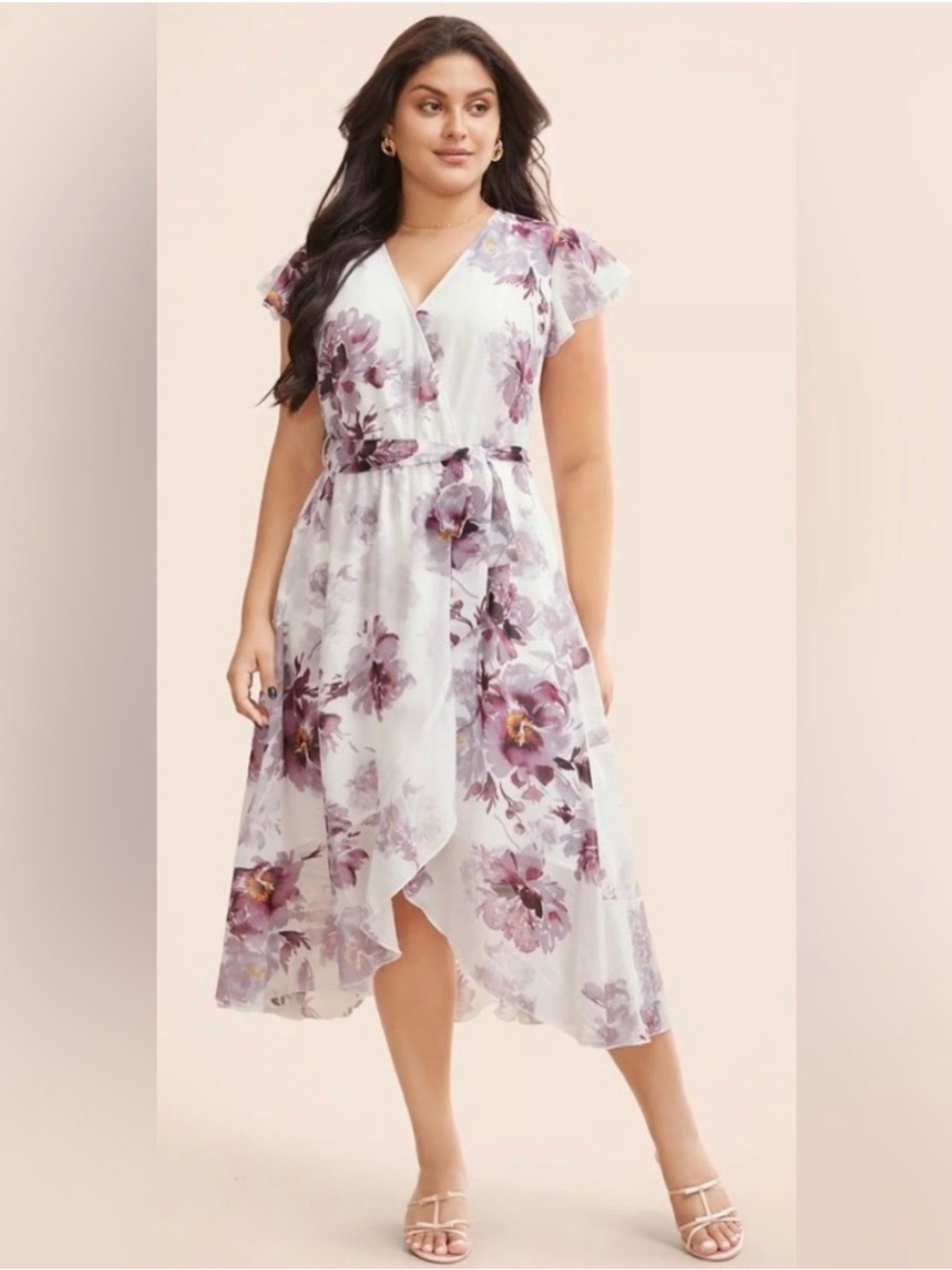 BloomChic Floral Wrap Tie Midi Dress Plus Size 22-24 Purple White Flowy‎ Summer